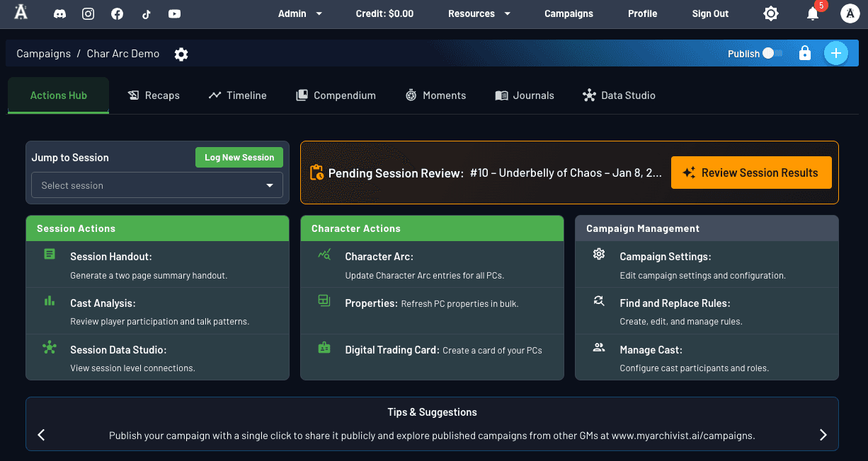Action Hub interface showing centralized navigation and tools
