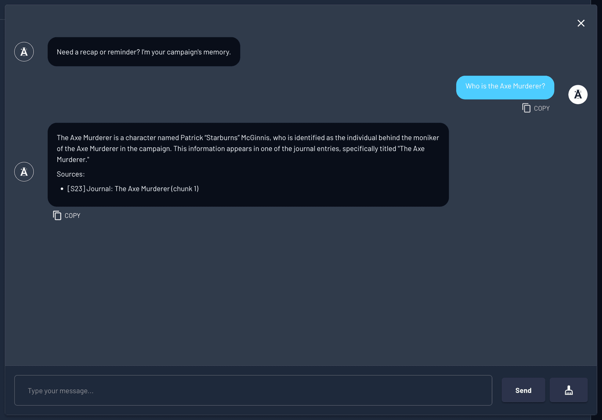 Ask Archivist answering with a private journal source for GMs