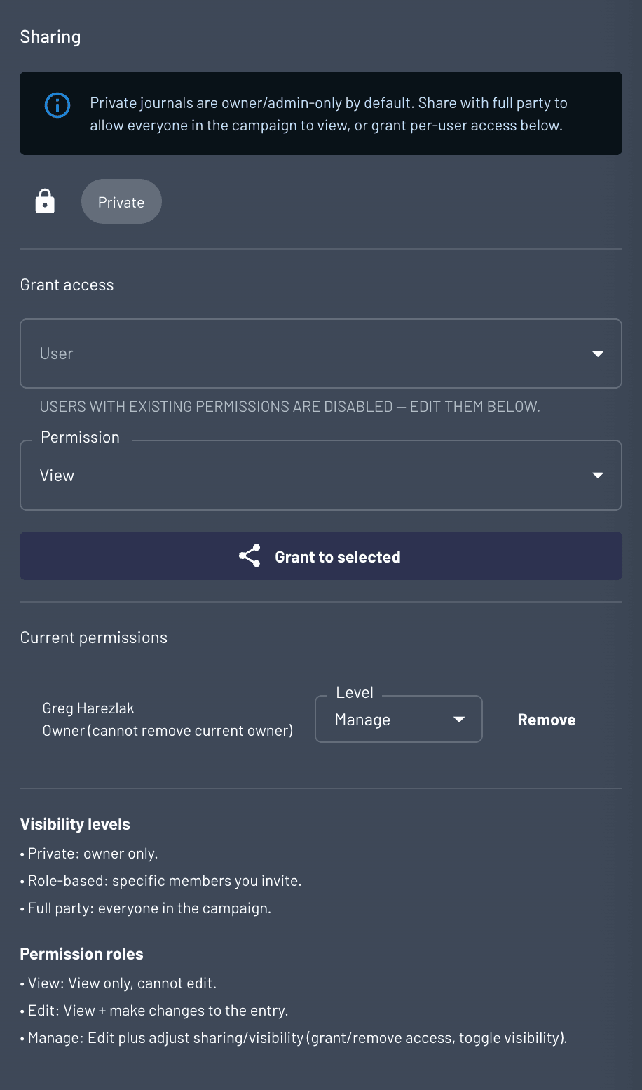 Journal sharing panel