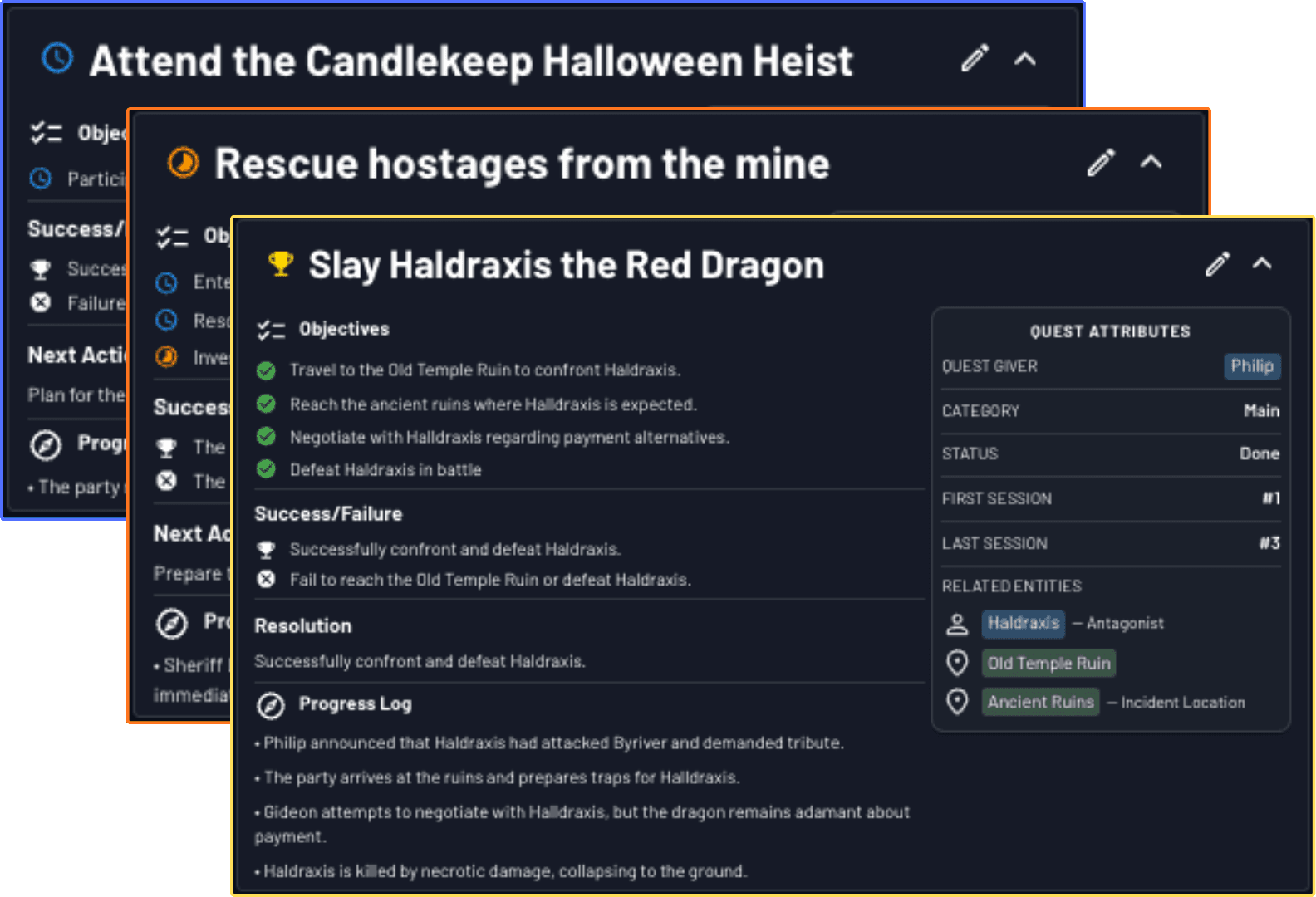 Quest Log hero - campaign objective tracker with canonical view