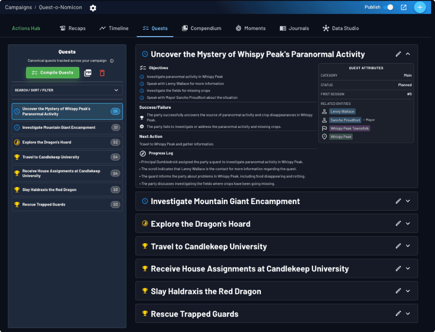 Quest Log main interface - objectives, status, and progress in one view