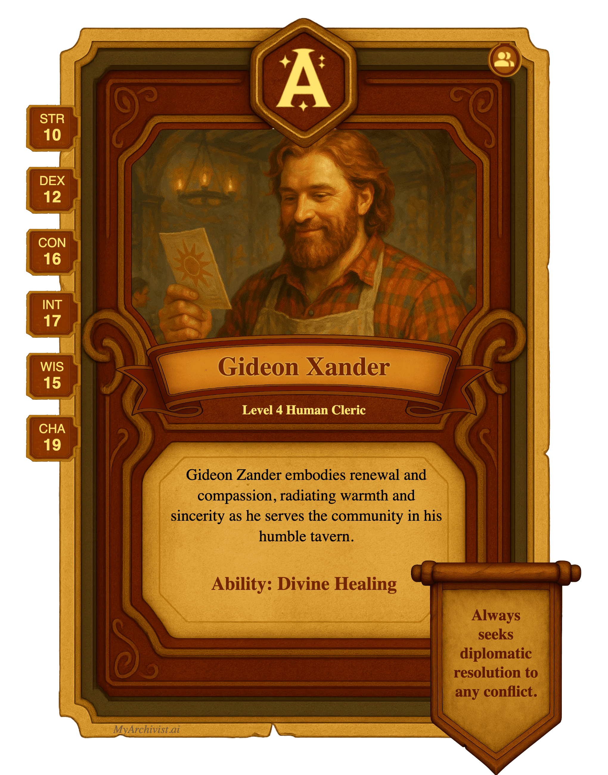 Archivist trading card feature showing a polished, shareable card for characters, items, locations, or factions